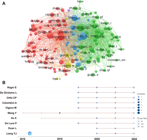 Figure 7 (A) Network visualization diagram of the co-cited authors regarding exosomes in osteoarthritis.(B) Top 10 authors’ production over time.