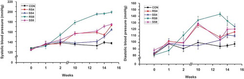 Figure 1. SBP and DBP measurements during the 15-week study period. Values are presented as means ± SEM; an asterisk indicates that a point is significantly different from week 0; *P < 0.05, ***P < 0.001.