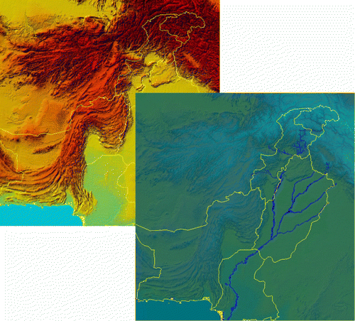 Figure 5. (Upper-left) Colored topographic map with administrative boundaries of Pakistan (yellow). (Lower-right) The same map with rivers and a superimposed partially transparent image of drainage pattern, computed from Digital Elevation Model [3 arc-seconds Shuttle Radar Topography Mission (SRTM3), Source: National Geospatial-Intelligence Agency (NGA) and National Aeronautics and Space Administration (NASA)].