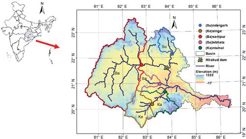 Figure 1. The Mahanadi River basin boundary and the analysed gauges and their catchments. Abbreviations for gauge names are Ba, Basantpur; Ka, Kantamal; Ke, Kesinga; Su, Sundergarh; and Sa, Salebhata.