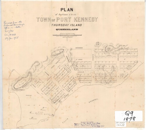 Figure 15. Survey Branch Lands Department, Town of Port Kennedy, Thursday Island, Queensland, 1878, as was the case at Somerset, private settlement on Thursday Island was discouraged for many years after the government outpost had been established, and surveys preceding this particular town plan documented a large Indigenous settlement near the junction of Victoria and Jardine Streets, courtesy of Queensland State Archives, 633726
