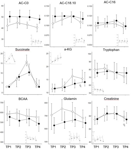 Figure 4 Metabolomic markers, which show significant differences between genders (major figure: male n=17, small inset: female n=6). Horizontal axis: the four time points, vertical axis: concentration in µM) separately for smokers with (black) and without (white) COPD. Median and IQR, including the data of both exercise challenges.