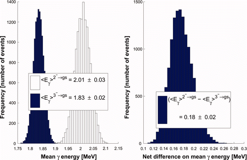 Figure 19. Mean γ -energy distributions (left-hand side of the picture) accordingly to a γ decay from either a 2− or a 3− s-wave neutron resonance down to the ground state and obtained from a discrete sequence of 87 levels after spin-parity assignments. The right-hand side plot expresses the net difference between these 2− and 3− distributions.