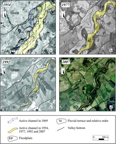Figure 3. Major transformations of the Biferno River valley floor illustrated comparing fluvial forms characterising a small sub-reach located in Reach 4 (for location see also Figure 2) in 1954, 1977, 1992 and 2007, respectively.