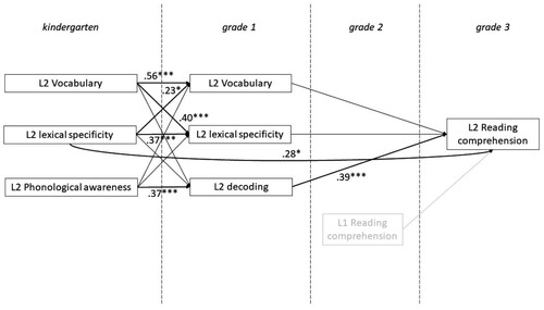 Figure 4. Standardized Direct Effects of L2 Vocabulary, Lexical Specificity and Phonological Awareness in Kindergarten, L2 Vocabulary, Lexical Specificity and Decoding in Grade 1 on L2 Reading Comprehension.Note: Standardized β coefficients are shown. Only significant values are displayed. * p  < .05; ** p  < .01; *** p  < .001.