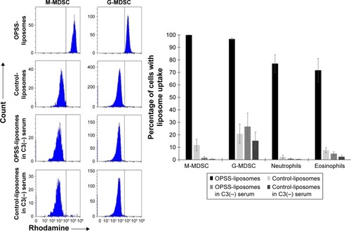 Figure 4 MDSCs and granulocytes internalize OPSS-liposomes.Notes: M-MDSC show high uptake of rhodamine-labeled OPSS-liposomes. G-MDSC also display high uptake of rhodamine-labeled OPSS-liposomes. In contrast, both M-MDSC and G-MDSC showed limited uptake of control-liposomes or OPSS-liposomes incubated in serum depleted of complement C3 (C3−). A high percentage of both neutrophils and eosinophils internalize OPSS-liposomes incubated in serum containing C3, while less than 8% of granulocytes internalize liposomes when either the OPSS group, complement C3, or both are absent. Data are expressed as mean ± standard error (n=5).Abbreviations: G-MDSC, granulocytic myeloid-derived suppressor cell; M-MDSC, monocytic myeloid-derived suppressor cell; OPSS, orthopyridyl disulfide.