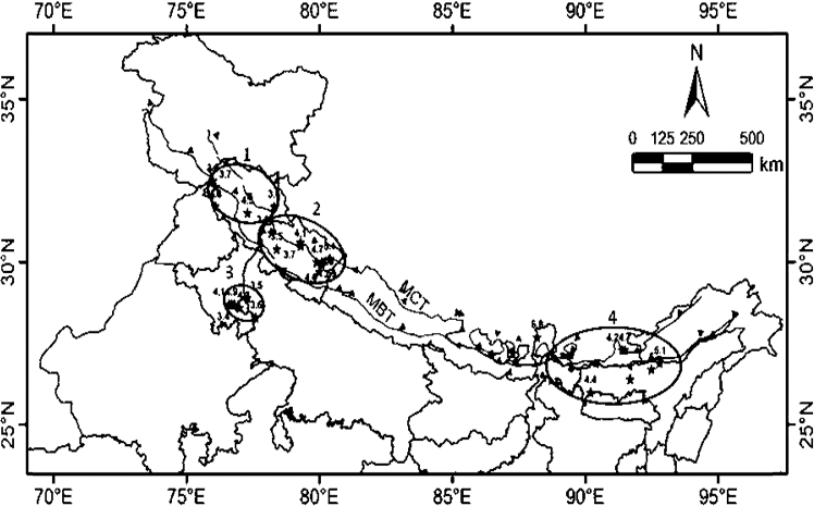 Figure 3. Northern Indian region showing location of earthquakes and stations used in the present study with triangles representing the strong motion stations, stars representing the epicenters of the earthquakes and ellipse representing the regions (1, 2, 3 and 4) from where the strong motion data has been selected for validation.