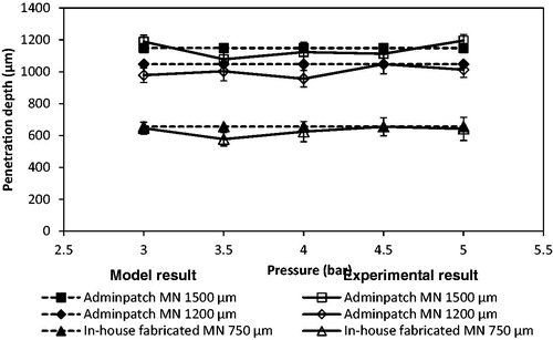 Figure 15. The effect of the microneedle length on the maximum penetration depth of the tungsten particle (operating pressure: 5 bar; particle type: tungsten microparticle of 3 μm diameter). The experimental results in the figure are generated from three repeats of experiments.