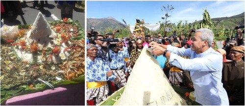 Picture 2. The cutting process of rice tumpeng.Source: Author’s personal documents (left) and Jatengprov.go.id (right).