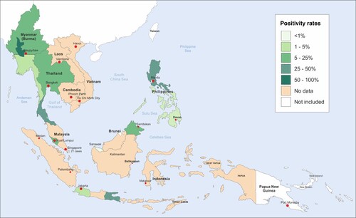 Figure 2. Map showing the highest reported histoplasmin sensitivities in South East Asia.
