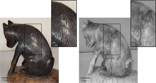 Figure 2. Visible light and reflected IR images of coyote and turtle sculpture with detail views of cracking: visible light (left) and reflected IR (right). Reflected IR images increase the local contrast of the cracking and reduce the impact of the specular reflections.