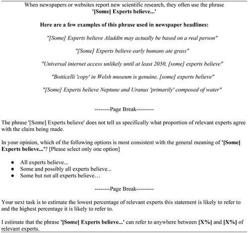 Figure 1. Example of the task completed by participants in Experiment 1. Participants were randomly allocated to one of six versions of this task (“Experts believe…,” “Experts say…,” “Experts think…”/“Some experts believe…,” “Some experts say…” or “Some experts think…”). Only the phrasing (generic vs quantified) and the verb (“believe,” “say,” “think”) differed between versions. The position of page breaks used in the online survey are indicated.