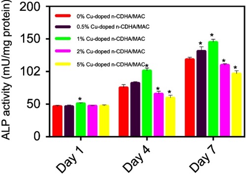 Figure 7 ALP activity of rat BMSCs cultured on different Cu-doped n-CDHA/MAC composite scaffolds at day 1, day 4 and day 7. * means significant difference between Cu-doped groups and 0% Cu-doped group (p<0.05).Abbreviations: ALP, alkaline phosphatase; BMSCs, bone marrow stromal cells; n-CDHA/MAC, nano calcium-defcient hydroxyapatite/multi(amino acid) copolymer.