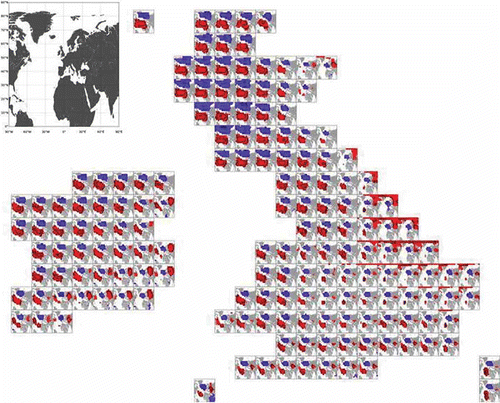 Fig. 6 Correlation analysis of gridded precipitation over the British Isles with MSLP for January 1958–2002. The grey background in each grid box represents the land masses in the study domain and the geographical map shown in the top-left corner represents the spatial domain used. Red (blue) colour signifies significant positive (negative) Spearman rank correlation (significance level a = 0.05).