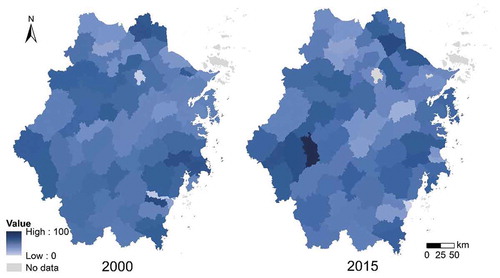 Figure 5. Spatial patterns of ESBI in Zhejiang Province in 2000 and 2015. Notes: The ranges of ESBI values in 2000 and 2015 were 0.78 ~ 72.57 and 0 ~ 100, respectively