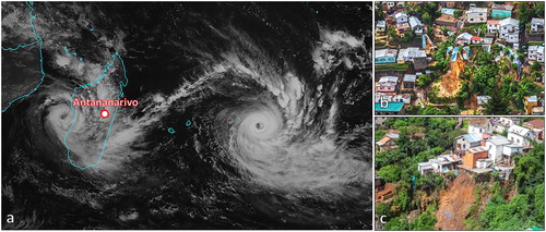 Figure 1. Twin cyclones Bansi and Chedza hitting Madagascar East coast on 16 January 2015 (a) (modified after European meteorological satellite EUMESAT image; available at: www.eumetsat.int); aerial pictures of the triggered shallow landslides within the city on March 5th event (b, c) (BNGRC - Bureau National de Gestion des Risques et des Catastrophes; http://www.bngrc.mg).