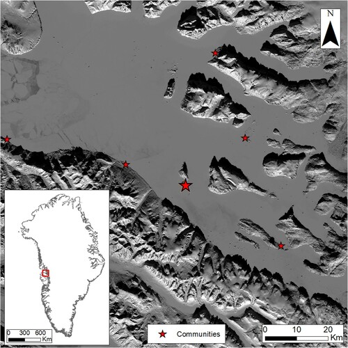 Figure 1. Uummannaq Fjord and the six communities examined in this study. Uummannaq (population 1255) is the largest community and serves as a regional hub. Background image is a Sentinel-2 NIR image from 19 March 2018. Inset shows the location of Uummannaq Fjord in western Greenland with the location of Sentinel-2 satellite image tiles marked with a red square.