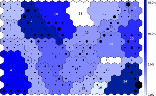 Fig. 8 SOM trained using NCEP data, but superimposed with FORTE hits. The size of the black hexagons is proportional to the number of hits FORTE had on that unit and are scaled the same on all figures (so hexagons of the same size on each figure represent the same number of hits.) The colour of each cluster shows the frequency of occurrence of that cluster, the darker the blue, the more frequently it occurred in FORTE. The cluster numbers are written on each cluster.