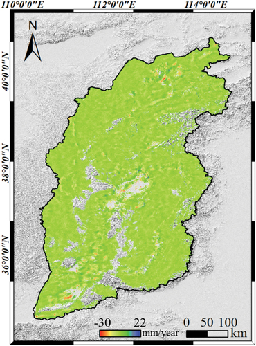 Figure 5. Deformation rate map of Shanxi Province. Negative value represents subsiding, positive value represents uplifting.