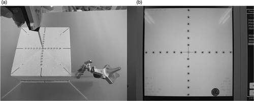 Figure 1. (a) The geometric phantom was a Styrofoam cube with 25 fiducial markers, each consisting of a metal ball 1.5 mm in diameter, fixed in a cross arrangement at intervals of 1 cm. (b) A 2-dimensional image from the C-arm.