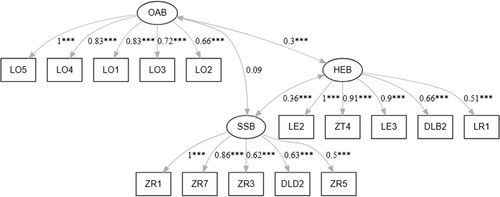 Figure 2. The model specified for the CCFA with empirical standardised coefficients and covariances.