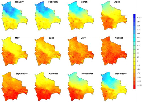 Figure 8. Spatial distribution of monthly climatic water balance (mm) by means of the difference between precipitation and ETo.