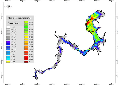 Figure 1. Simulation of mass tailing behaviour. Velocity of the iron ore tailing mass in its path from the B1 Dam to the Paraopeba River in 2019. Mining company building area is shown in the circle (Fire Department file, Minas Gerais, Brazil, 2019, reproduced with permission).