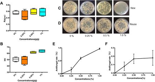 Figure 5 Incorporation of AgBr-NP@CTMAB into PMMA resin and its antifungal activity. Mechanical properties of PMMA resin with or without AgBr-NP@CTMAB such as surface roughness (A) and Vickers microhardness value (B) were measured. The antifungal activity of 0.25, 0.50, and 1.00 wt% AgBr-NP@CTMAB incorporated into PMMA on C. albicans biofilm was tested using the freshly prepared specimens (C and E) and reused ones (D and F). The data are presented as the means ± SD. Error bars show the standard deviation (SD).