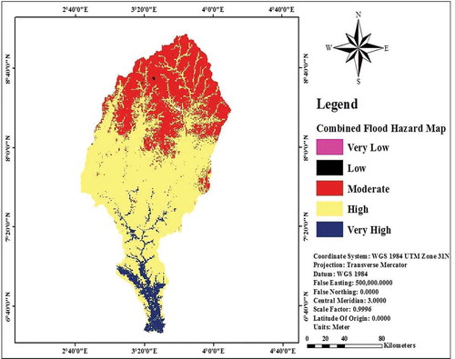 Figure 6. Combined multi-criteria and HAND model flood hazard map.