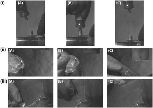 Figure 2. Magnified high-speed images of aerosol therapy delivered with a (i) pressurized metered dose inhaler, (ii) compressed air driven jet nebulizer, and (iii) vibrating mesh nebulizer to a simulated, intubated, mechanically ventilated adult patient. The frames focus on the devices at the time periods immediately (A) pre, (B) during, and (C) post aerosol therapy. The aerosol therapy devices were positioned on the inspiratory limb at the wye of the dual limb respiratory circuit.