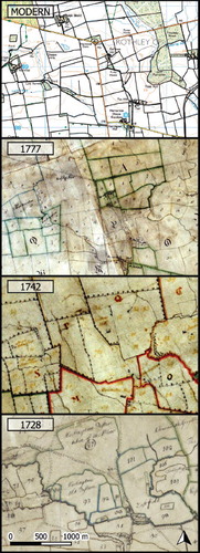 Fig. 2. Details of the estate maps of 1728, 1742 and 1777 (kept in the Wallington Hall archives) compared to the same area on the modern 1:25,000 OS map.