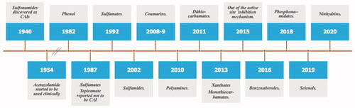 Figure 6. Historical overview on the discovery of the main chemotypes with CA inhibitory activity.