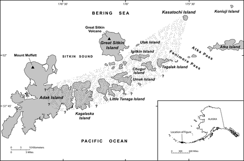 Figure 1 Location of Kasatochi Island in the west-central Aleutian Islands of Alaska. Also shown are nearby islands and extent of ash fall from the 7–8 August 2008 eruption.