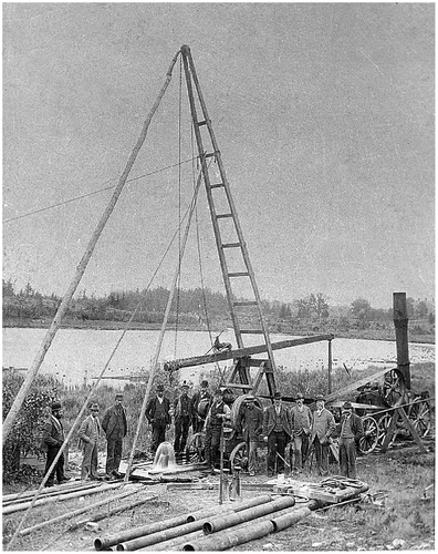 Figure 2. Drilling of a water well at the Shoemaker (Greenbrook) pumping station in 1899, Berlin (now Kitchener), Ontario. Photo courtesy of the Region of Waterloo and the Waterloo Historical Society.