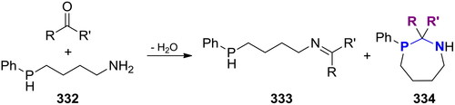 Scheme 195. Reaction of 4-(phenylphosphino)butan-1-amine with carbonyl compounds.[Citation680]