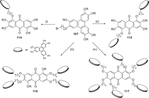 Scheme 23. Synthesis of discotic donor-acceptor oligomers: (i) K2CO3/DMF/monofunctionalised rufigallol; (ii) Cs2CO3/NMP/difunctionalised rufigallol/MW; (iii) DMSO/NaOH/ rufigallol/90°C; (iv) Cs2CO3/NMP/rufigallol/MW.