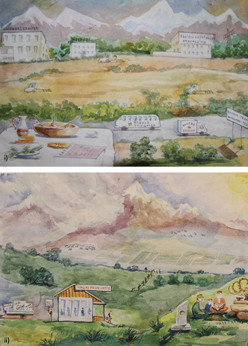 Figure 2. Two alternative future visions for the Pamirs. (i) A vision from the village technology group harvesting Rashtak, and can be called ‘traditional innovations’. (ii) A vision from the village technology group from Ishkashim valley who sell wild herbs and medicinal plants and can be called ‘food sovereignty’. Water color by Yorali Berdov.