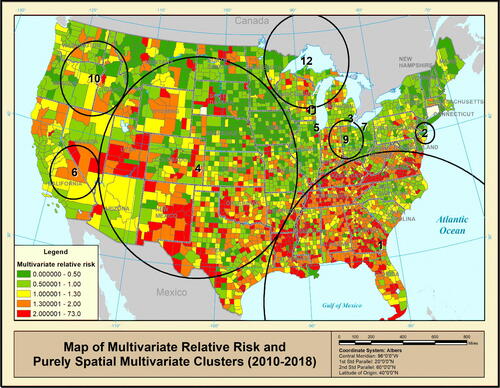 Fig. 5 Purely spatial multivariate clusters of jail population, poverty, republican vote, and Black population.