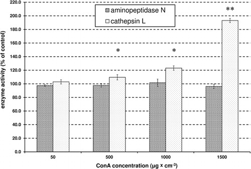 Figure 4. Effect of Con A on the activity of proteolytic enzymes within R. padi (values mean ± SD) (control without tested lectin 189.7 ± 4.48 nM p-nitroaniline mg protein−1·min−1 for aminopeptidase N and 32.27 ± 1.34 nM p-nitroaniline mg protein−1·min−1 for cathepsin L = 100%). Values followed by asterisks are significantly different from the control values: *P < 0.05; **P < 0.001.