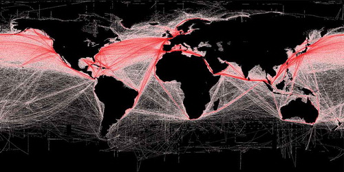 Figure 1. Main maritime shipping routes. (Illustration by B.S. Halpern [T. Hengl; D. Groll], Wikimedia Commons, CC BY-SA 3.0.)