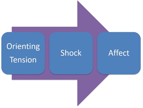 Figure 1. Deep Brain Reorienting sequence. The orienting response elicits tension in the forehead, around the eyes, or in the back of the neck in preparation for turning toward or away from salient stimuli. Shock may consequentially arise as the high-energy impact experienced in the body before any affective response. Affect, such as fear, rage, or grief, ensues after the initial orienting and shock responses.