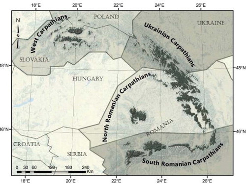 FIGURE 1. Map of the study region. Area within which timberline change was studied (with elevations over 1000 m) is shaded dark gray.