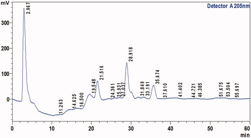 Figure 2. The HPLC chromatogram of methanolic extract of S. guttatum analysed under the HPLC conditions: mobile phase, methanol: water (1:9, v/v), wavelength (205 nm), flow rate (1 mL/min), injection volume (20 μL), Column: Shim-pack, octadecylsilane ODS (C18) analytical column (150 mm × 4.6 mm, 5 µm).