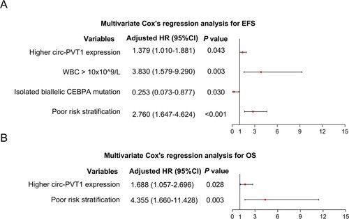 Figure 4. Independent prognostic factors in AML patients. Multivariate Cox’s regression analysis for the independent factors in predicting EFS (A) and OS (B) in AML patients. AML, acute myeloid leukemia; EFS, event-free survival; HR, hazard ratio; CI, confidence interval; PVT1, plasmacytoma variant translocation 1; WBC, white blood cell; OS, overall survival.