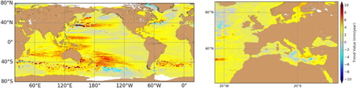 Figure 1.2.2. Spatial distribution of the total sea level trends during 1993–2016 (in mm/year) in the global ocean (left) and the European Seas (right). No Glacial Isostatic Adjustment correction is applied on the altimeter data. See Table 1.2.1 for the definition of the dataset.