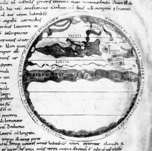 Fig. 8. This eleventh‐century manuscript of Macrobius' Commentary on the Dream of Scipio is unusual for the large amount of ecumenical detail in the northern hemisphere in contrast to the entirely blank southern hemisphere. Features eccentric to the tradition of Macrobius maps include the ideograms that mark certain cities (Rome, Jerusalem, corine [?Corinth], Syene and Meroe), and the attempts to represent the British isles and the Scandinavian peninsula in the far northwest, Sicily (the triangle beneath Italy), and other Mediterranean islands. An unmarked river, presumably the Nile, extends from the Mediterranean, and surrounds Meroe; a second river extends from the Atlantic horizontally, dividing Ethiopia from Africa. Munich, Bayerische Staatsbibliothek Clm 6362, fol. 74r. Appendix 1, no. 23. (Reproduced with permission from the Bayerische Staatsbibliothek.)