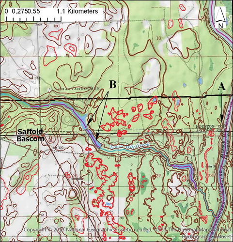 Figure 17. Contours along the borders of the Saffold and Bascom quadrangles display elevation and hydrography interactions in complex terrain. The Chattahoochee River is a double-line stream in the NHD, which is connected to the network via an artificial path (purple line) (A). Irwin Mill Creek is a perennial stream along the turquoise line, but is represented as small lakes in certain places, which are also connected to the network via artificial paths (B).