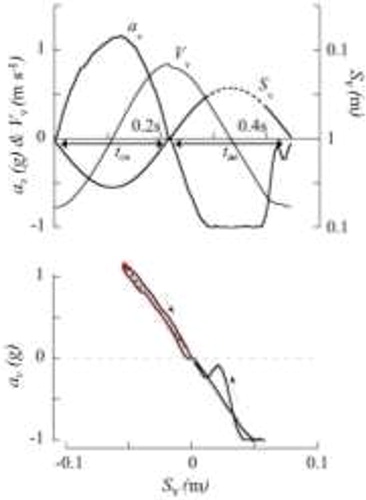 Figure 1. Typical traces of one subject. Top: Vertical acceleration (av), velocity (Vv) and displacement (Sv) of the COM as a function of time, while running in the sand at 2.5 m s−1. Bottom: av as a function of Sv.