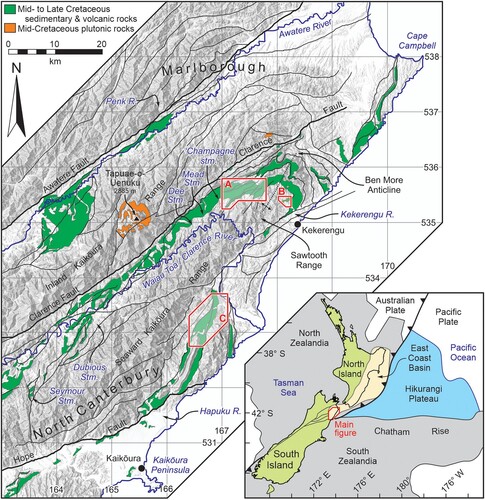 Figure 1. Location of the study area in northeastern South Island, NZ, showing geographic localities and geological features discussed in the text. Faults are shown as solid black lines, and key faults of the Marlborough fault system are labelled. Red polygons indicate areas shown in detail in Figures 3–5 (A = Coverham, B = Kekerengu, C = Wharekiri, respectively). The ‘middle Clarence’ moniker denotes areas of the Clarence valley lying south and southwest of Tapuae-o-Uenuku (e.g. Reay Citation1993). The grid is the NZ Transverse Mercator 10-kilometre grid. The geology is simplified from Rattenbury et al. (Citation2006). Inset shows the location within NZ and key faults of the Australia/Pacific plate boundary, including those of the Marlborough fault system.