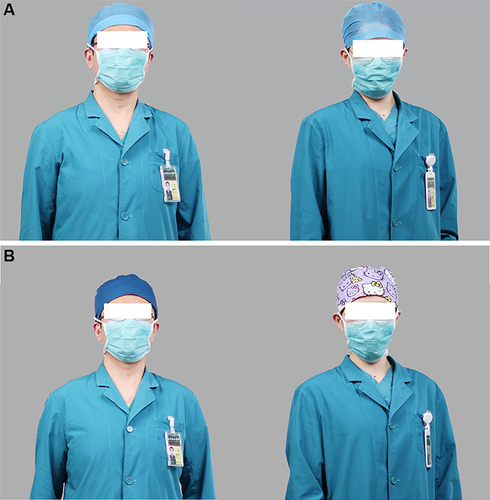Figure 2 Photograph of models presented in the questionnaire: male and female anesthesiologists wearing different operation caps. ((A) disposable operating cap, (B) personalized cloth operating cap).